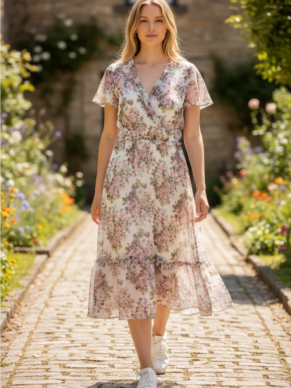 Lauren Conrad Floral Wrap-Front Midi Dress in White Pink Size Medium